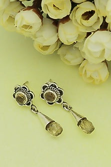 White Finish Quartz Floral Dangler Earrings In Sterling Silver