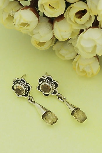 White Finish Quartz Floral Dangler Earrings In Sterling Silver