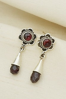White Finish Garnet Floral Dangler Earrings In Sterling Silver