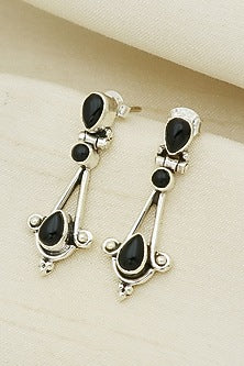 White Finish Black Onyx Teardrop Dangler Earrings In Sterling Silver