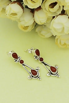 White Finish Red Onyx Teardrop Dangler Earrings In Sterling Silver