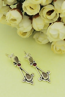 White Finish Rose Quartz Teardrop Dangler Earrings In Sterling Silver