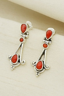 White Finish Coral Teardrop Dangler Earrings In Sterling Silver