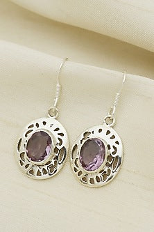 White Finish Amethyst Halo Drop Dangler Earrings In Sterling Silver