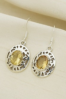 White Finish Citrine Halo Drop Dangler Earrings In Sterling Silver