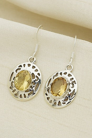 White Finish Citrine Halo Drop Dangler Earrings In Sterling Silver