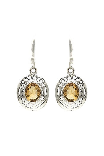 White Finish Citrine Halo Drop Dangler Earrings In Sterling Silver
