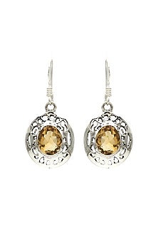 White Finish Citrine Halo Drop Dangler Earrings In Sterling Silver