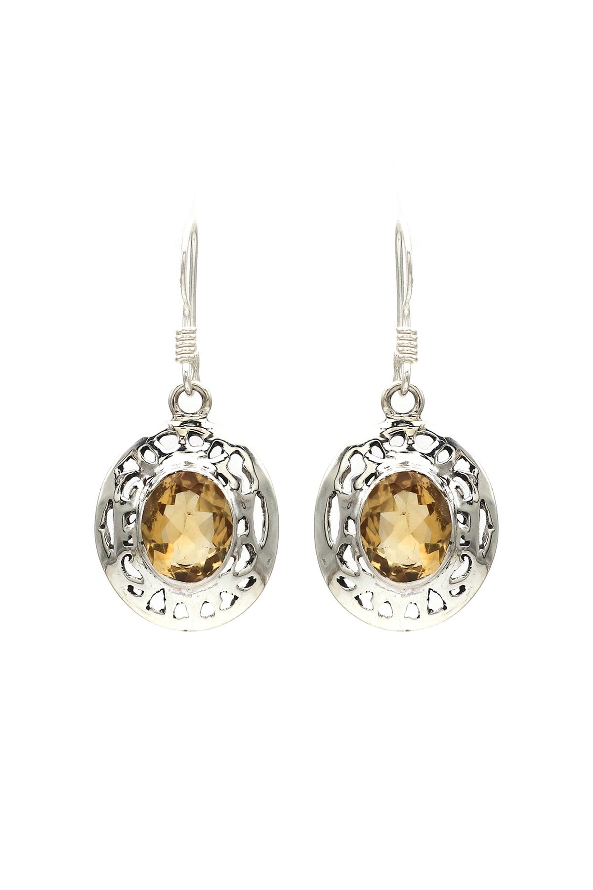 White Finish Citrine Halo Drop Dangler Earrings In Sterling Silver