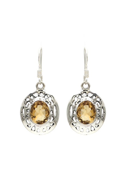 White Finish Citrine Halo Drop Dangler Earrings In Sterling Silver