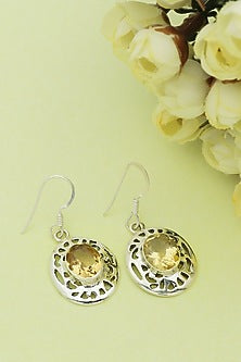 White Finish Citrine Halo Drop Dangler Earrings In Sterling Silver