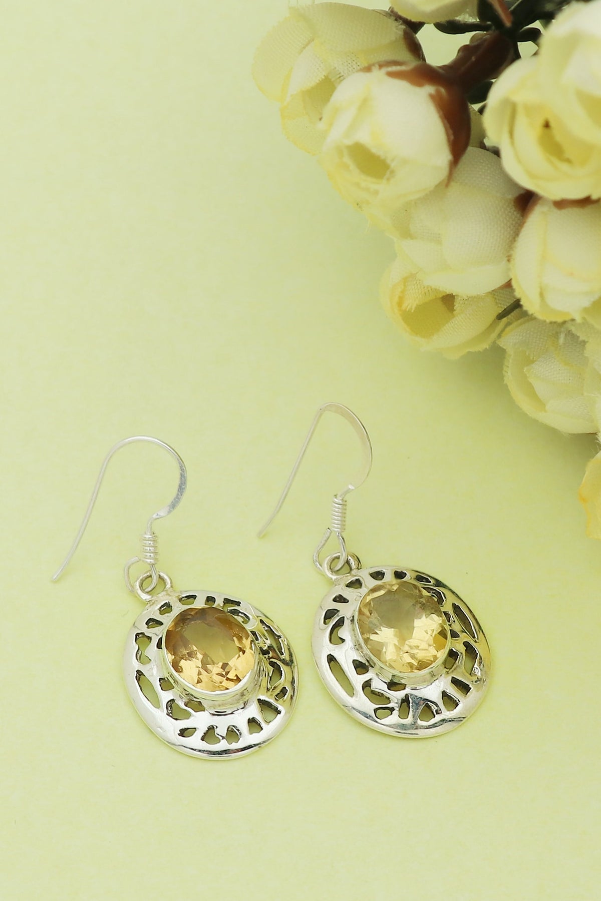 White Finish Citrine Halo Drop Dangler Earrings In Sterling Silver