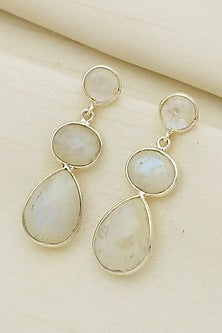 White Finish Triple Moonstone Stud Earrings In Sterling Silver