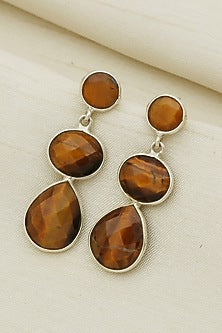 White Finish Triple Tiger Eye Gemstone Stud Earrings In Sterling Silver
