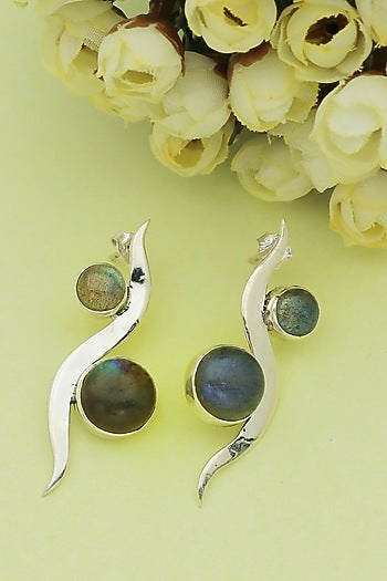 White Finish Labradorite Snail Stud Earrings In Sterling Silver