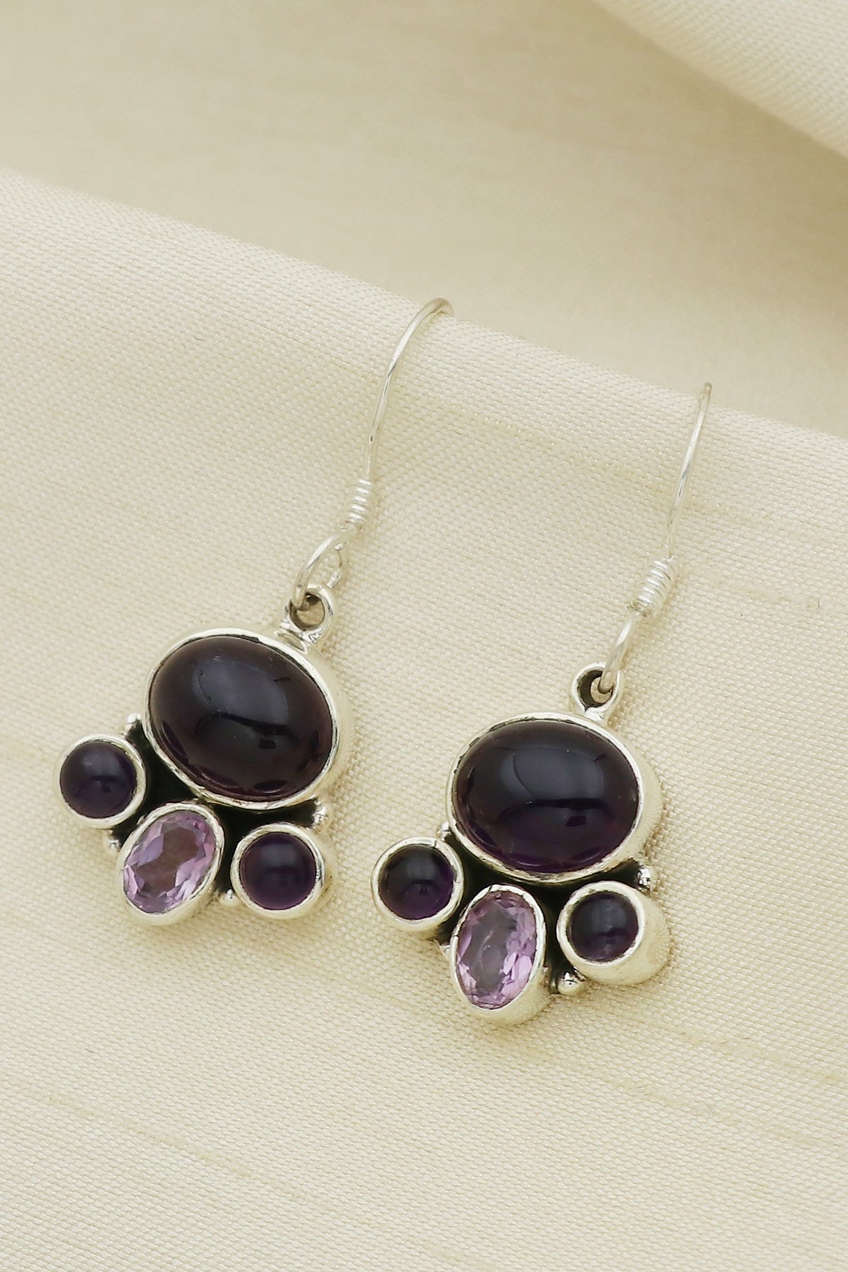 White Finish Amethyst Paw Dangler Earrings In Sterling Silver