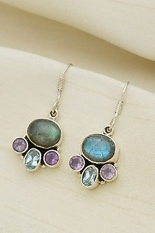White Finish Multi-Colored Gemstone Paw Dangler Earrings In Sterling Silver
