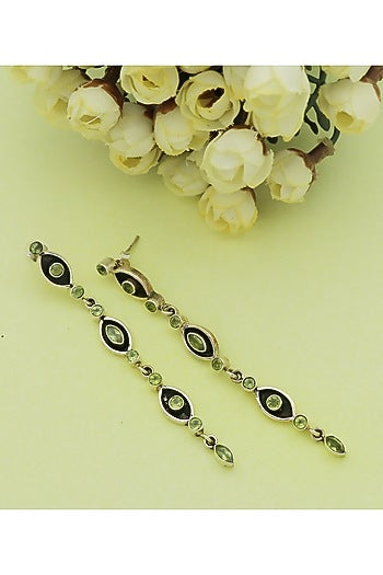 White Finish Peridot Eye Dangler Earrings In Sterling Silver