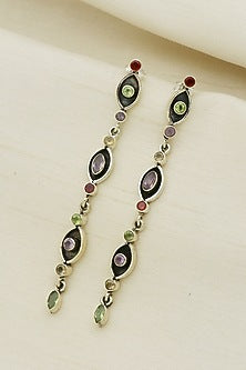 White Finish Multi-Colored Eye Dangler Earrings In Sterling Silver