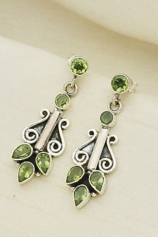 White Finish Peridot Leaf Dangler Earrings In Sterling Silver