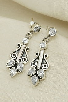White Finish Cubic Zirconia Leaf Dangler Earrings In Sterling Silver