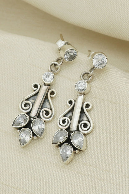 White Finish Cubic Zirconia Leaf Dangler Earrings In Sterling Silver