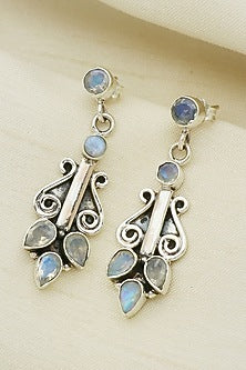 White Finish Moonstone Leaf Dangler Earrings In Sterling Silver