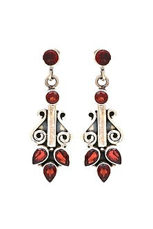 White Finish Garnet Leaf Dangler Earrings In Sterling Silver
