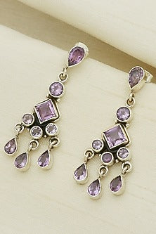 White Finish Amethyst Dangler Earrings In Sterling Silver