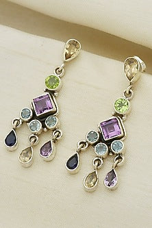 White Finish Multi-Colored Gemstone Dangler Earrings In Sterling Silver