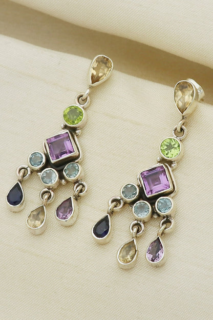 White Finish Multi-Colored Gemstone Dangler Earrings In Sterling Silver