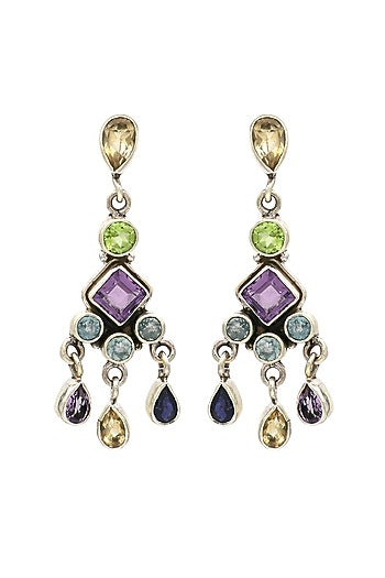 White Finish Multi-Colored Gemstone Dangler Earrings In Sterling Silver