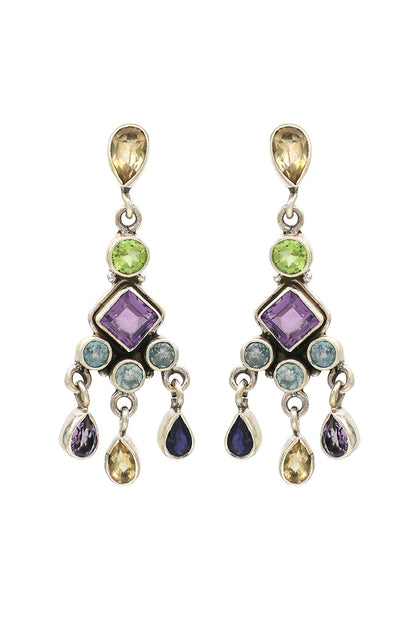 White Finish Multi-Colored Gemstone Dangler Earrings In Sterling Silver