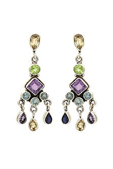 White Finish Multi-Colored Gemstone Dangler Earrings In Sterling Silver