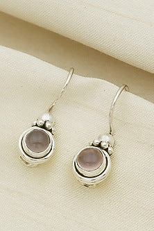 White Finish Rose Quartz Gemstone Dangler Earrings In Sterling Silver