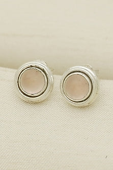 White Finish Rose Quartz Stud Earrings In Sterling Silver