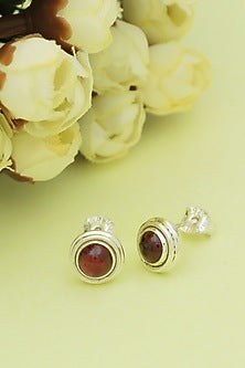 White Finish Garnet Stud Earrings In Sterling Silver