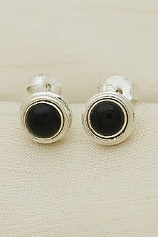 White Finish Black Onyx Stud Earrings In Sterling Silver