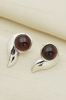 White Finish Garnet Curvy Stud Earrings In Sterling Silver