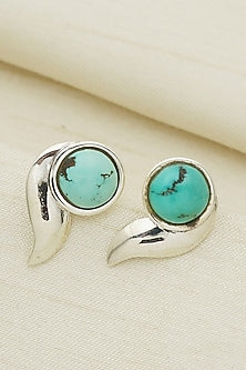 White Finish Turquoise Gemstone Curvy Stud Earrings In Sterling Silver