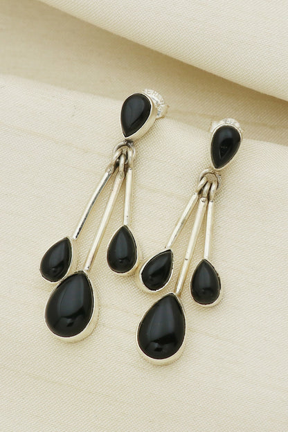 White Finish Black Onyx Orecchino Dangler Earrings In Sterling Silver