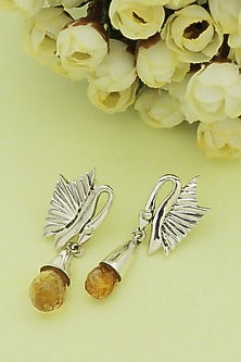 White Finish Citrine Swan Dangler Earrings In Sterling Silver