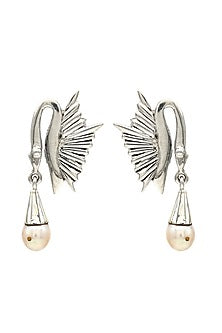 White Finish Pearl Swan Dangler Earrings In Sterling Silver
