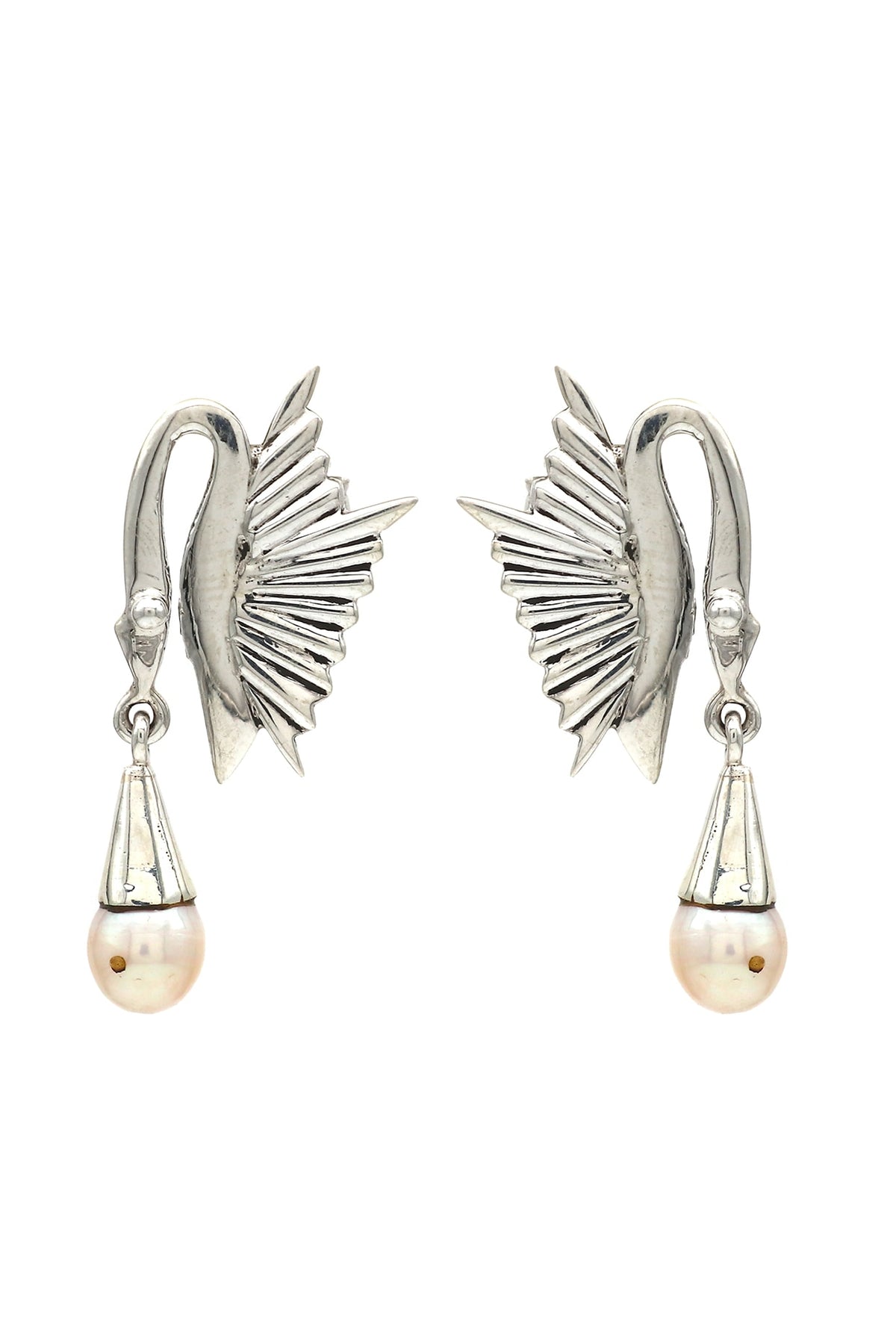 White Finish Pearl Swan Dangler Earrings In Sterling Silver