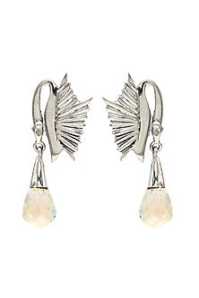 White Finish Moonstone Swan Dangler Earrings In Sterling Silver
