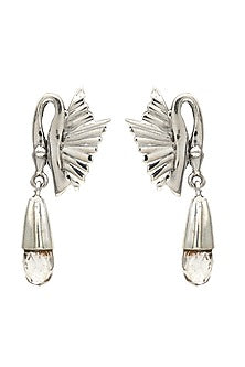 White Finish Crystal Swan Dangler Earrings In Sterling Silver
