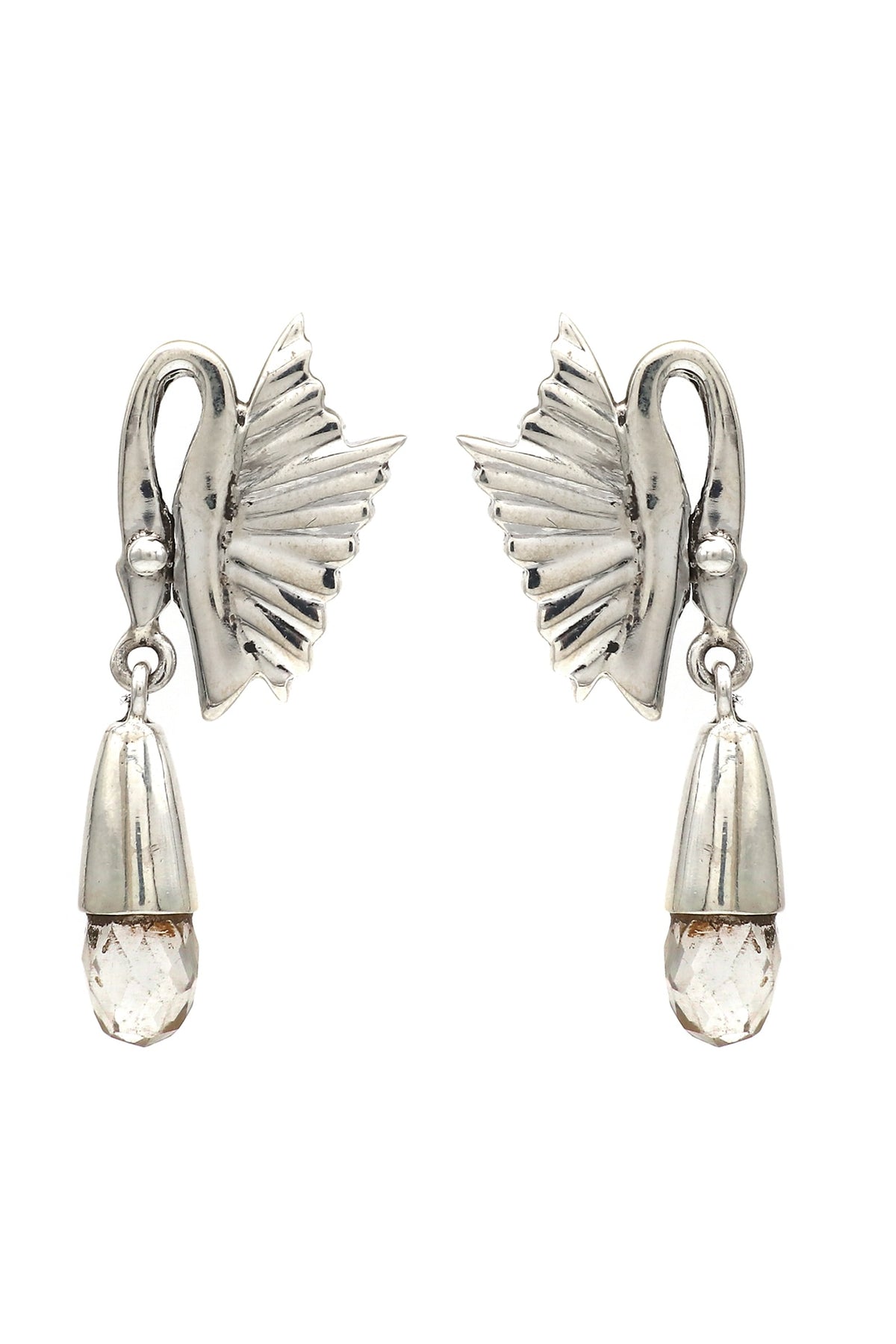 White Finish Crystal Swan Dangler Earrings In Sterling Silver