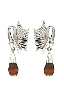 White Finish Flourite Swan Dangler Earrings In Sterling Silver