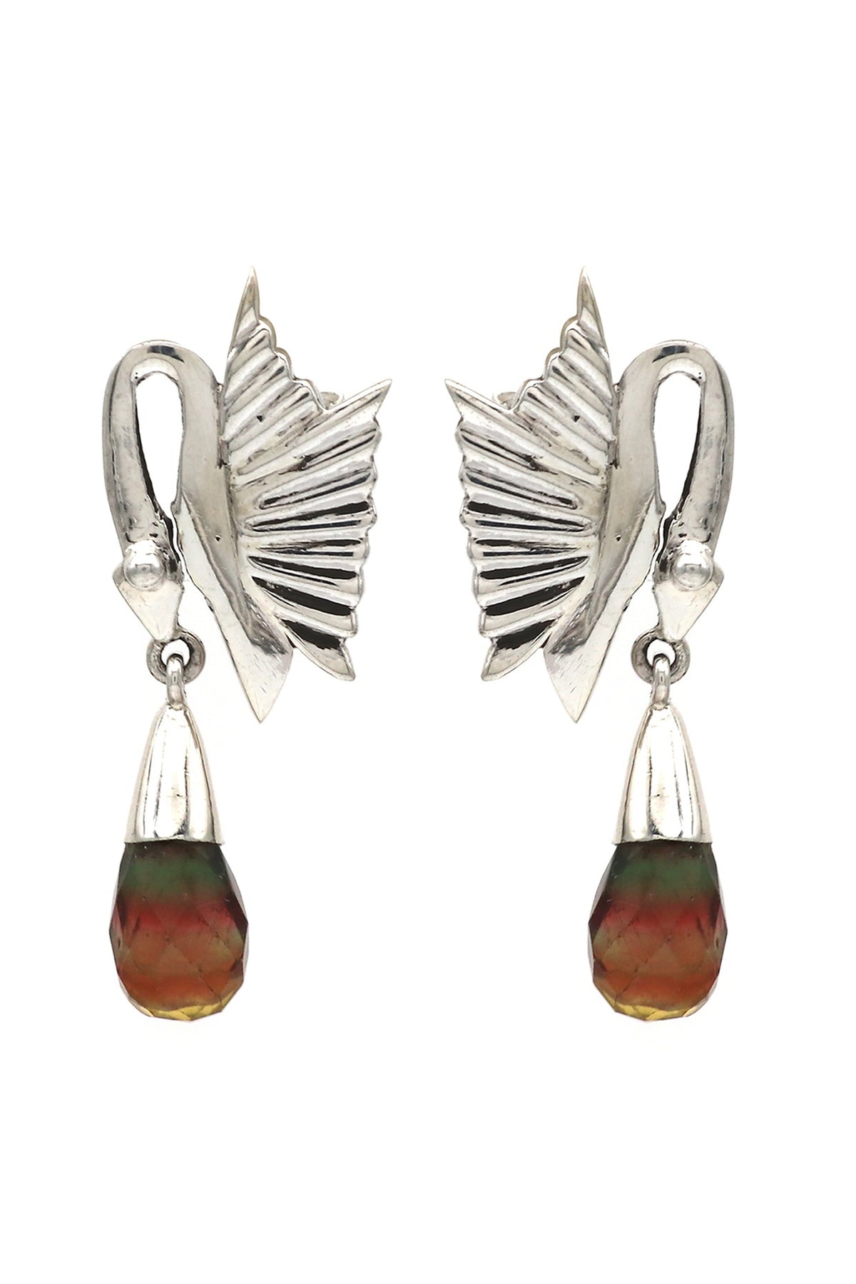 White Finish Flourite Swan Dangler Earrings In Sterling Silver