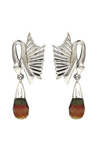 White Finish Flourite Swan Dangler Earrings In Sterling Silver